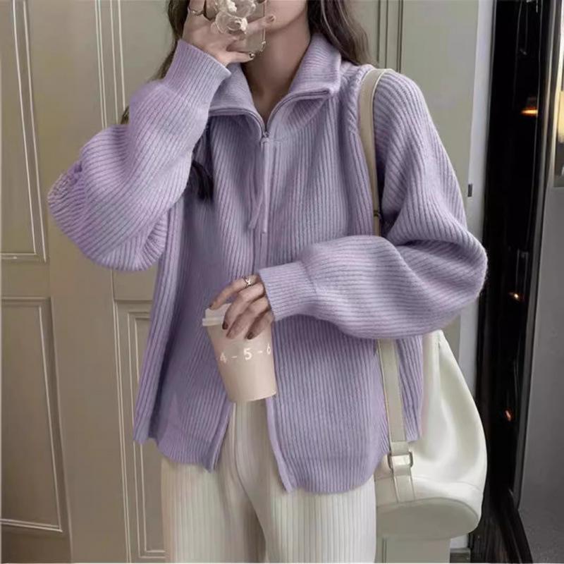 Stand-up collar pit strip double-ended zipper knitted cardigan top trendy autumn and winter new soft waxy meat-covering thin sweater jacket women