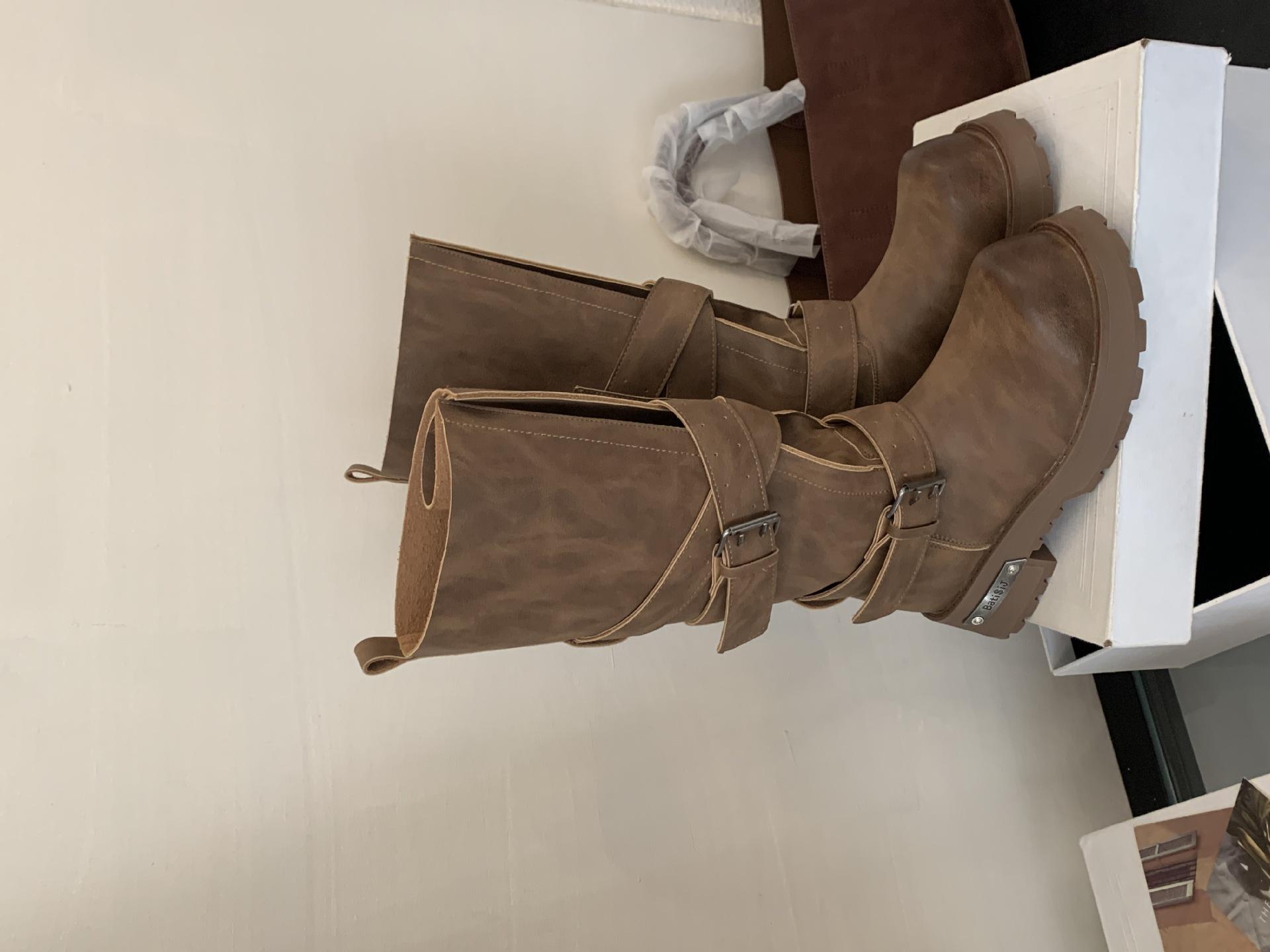 

Thick-soled belt buckle thick heel French retro old western cowboy boots 2025 new tall tube stack knight 39 кофейный