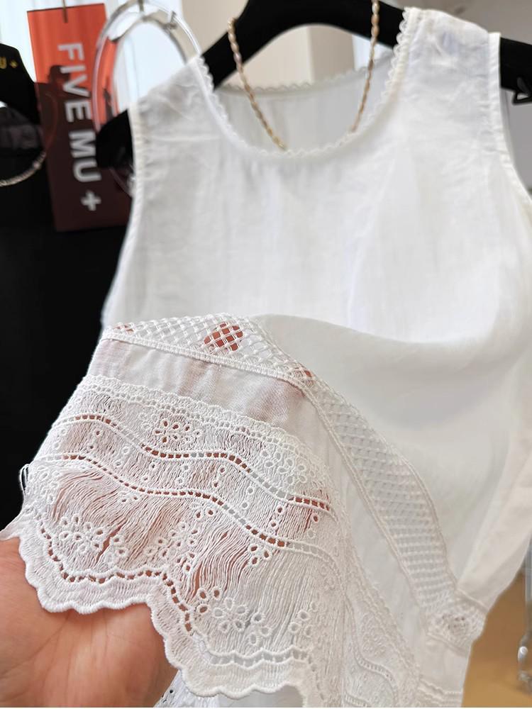 Lace Trim Ramie Cotton Round Neck Sleeveless Cardigan 