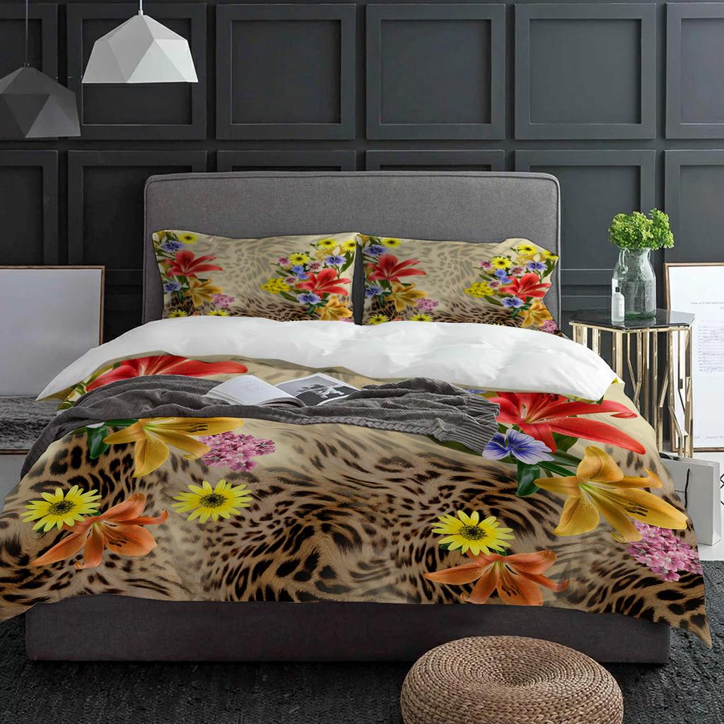 Flowers And Leopard Print Bedding Set 3pcs Boys Girls Duvet Cover Pillowcase Kids Adult Quilt Cover Double Bed Set Home Textile