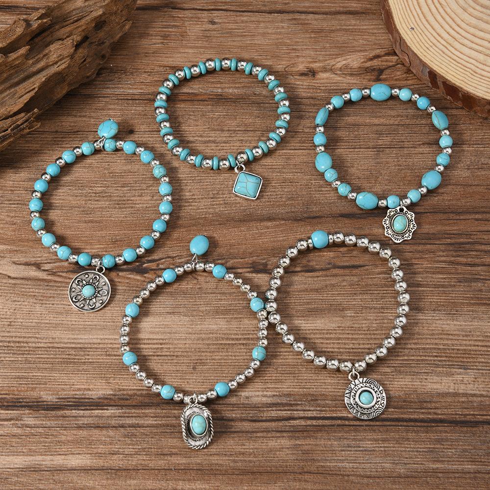 Women Beaded Bracelet Vintage Boho Style Handmade Leather Stretch Bracelet Fashion Vacation Men Accessories 5-piece Set