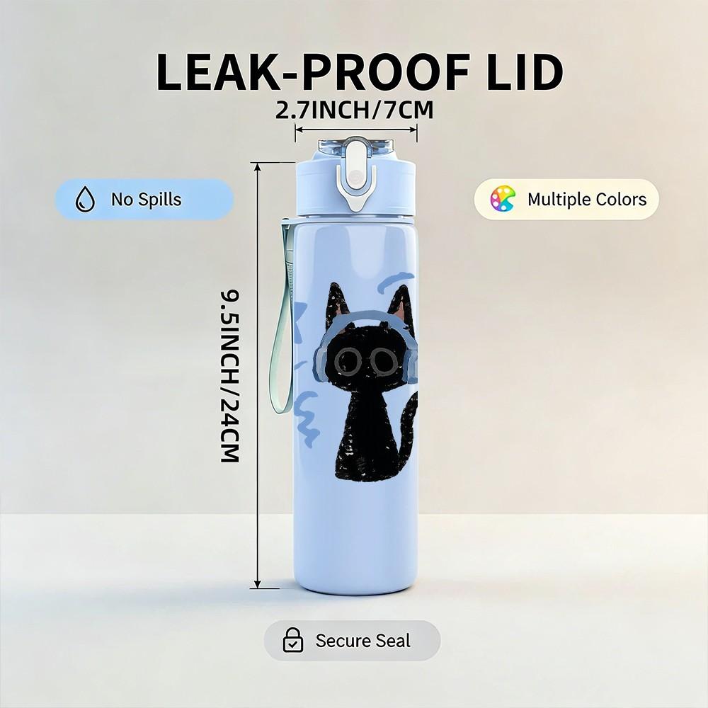 1PC Black Cat Guitar Music Star Print 750ml Color Plastic Sports Water Bottle Leakproof Flip Straw Lid Suitable for Sports Office Home Use