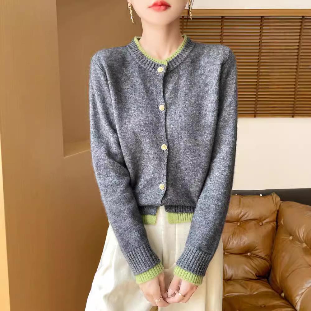 Autumn/Winter Women's Loose Fit 100% Wool Korean Style Color Block Cardigan Sweater