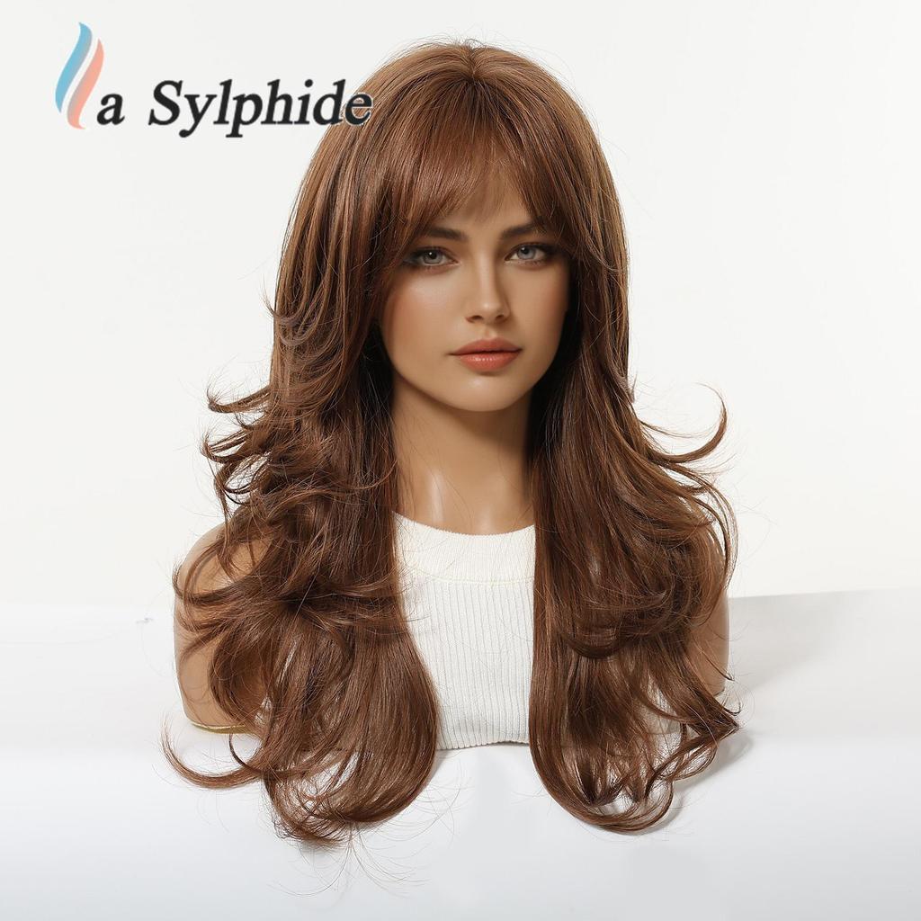 Perruque Marron Foncé pour Femme avec Frange Aérienne - Soie Haute Température, Finition Naturelle Lisse, Filet Rose