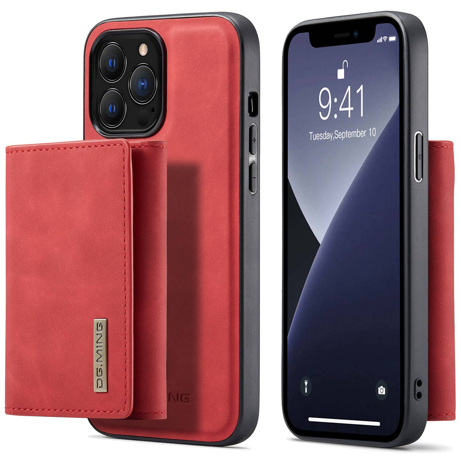 

DG.MING M1 Series For iPhone 15 Pro Max Kickstand Case PC+TPU+PU Magnetic Wallet Phone Cover Red