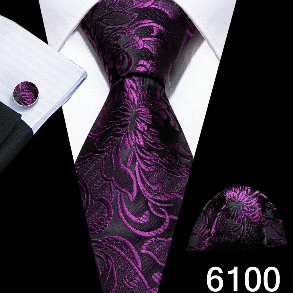 Barry.Wang Necktie Hankerchief Cufflinks Set Violet Paisley Tie Jacquard Woven Wedding