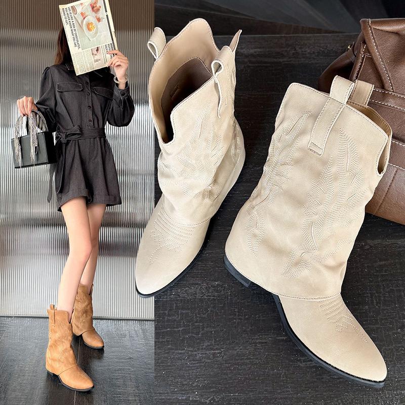 Pointed Retro Embroidered Western Cowboy Boots Women's Thick Heel Fashion Pants Boots Skinny Martin Boots