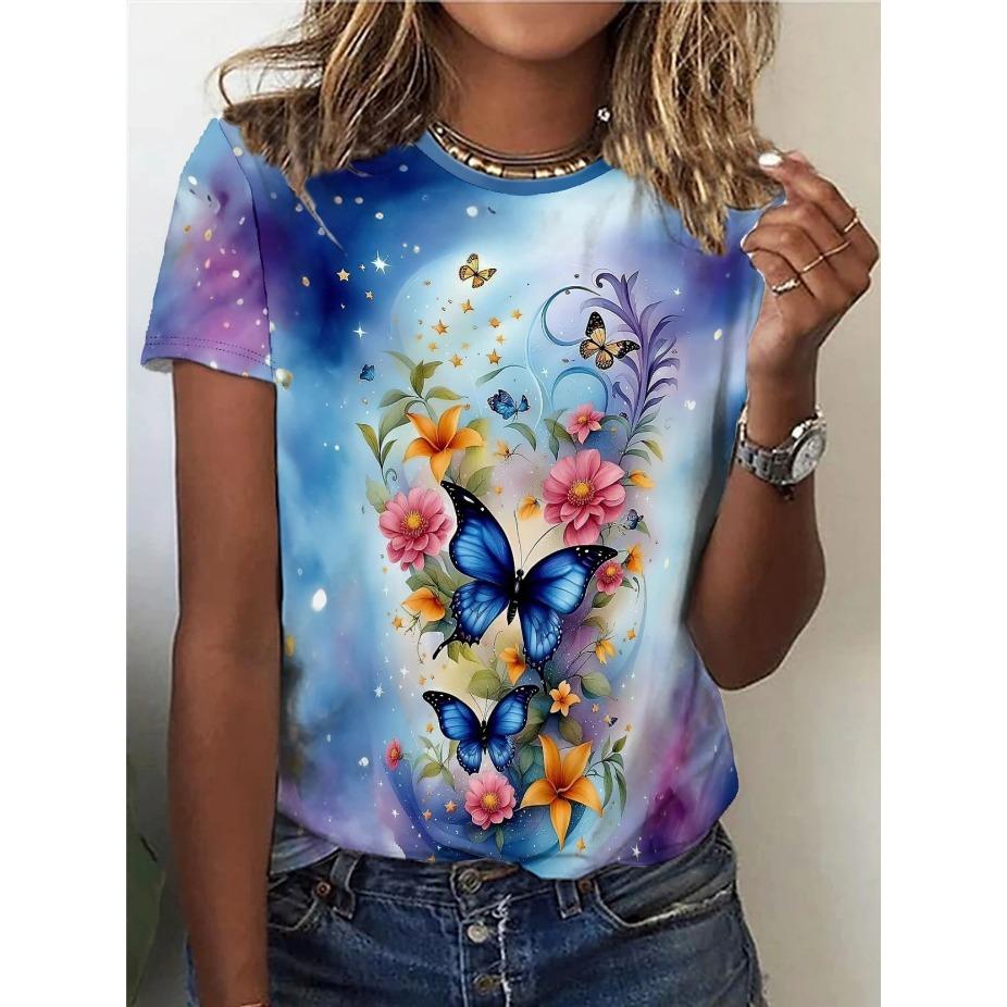 Damski T-shirt Wzór Motyla i Kwiatów Nadruk - Wygodny Krótki Rękaw Okrągły Dekolt Moda Druk 3D