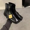 Thick heel thin boots metal buckle short boots 2025 autumn new French square head side zipper thin boots Martin boots women