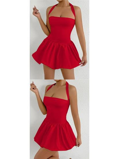 European & American Summer Pleated Backless Lace-up One-Shoulder Princess Dress