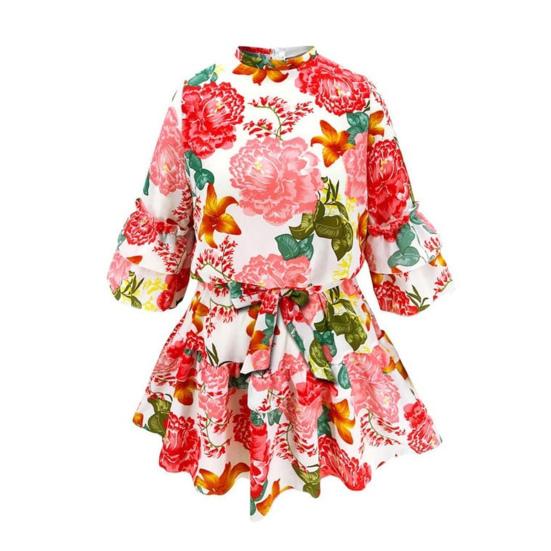 Women's Floral Print Short Dress Crew Neck 3/4 Ruffle Sleeve Swing Dress with Belt Boho Tiered Ruffle A-Line Flowy Mini Dress