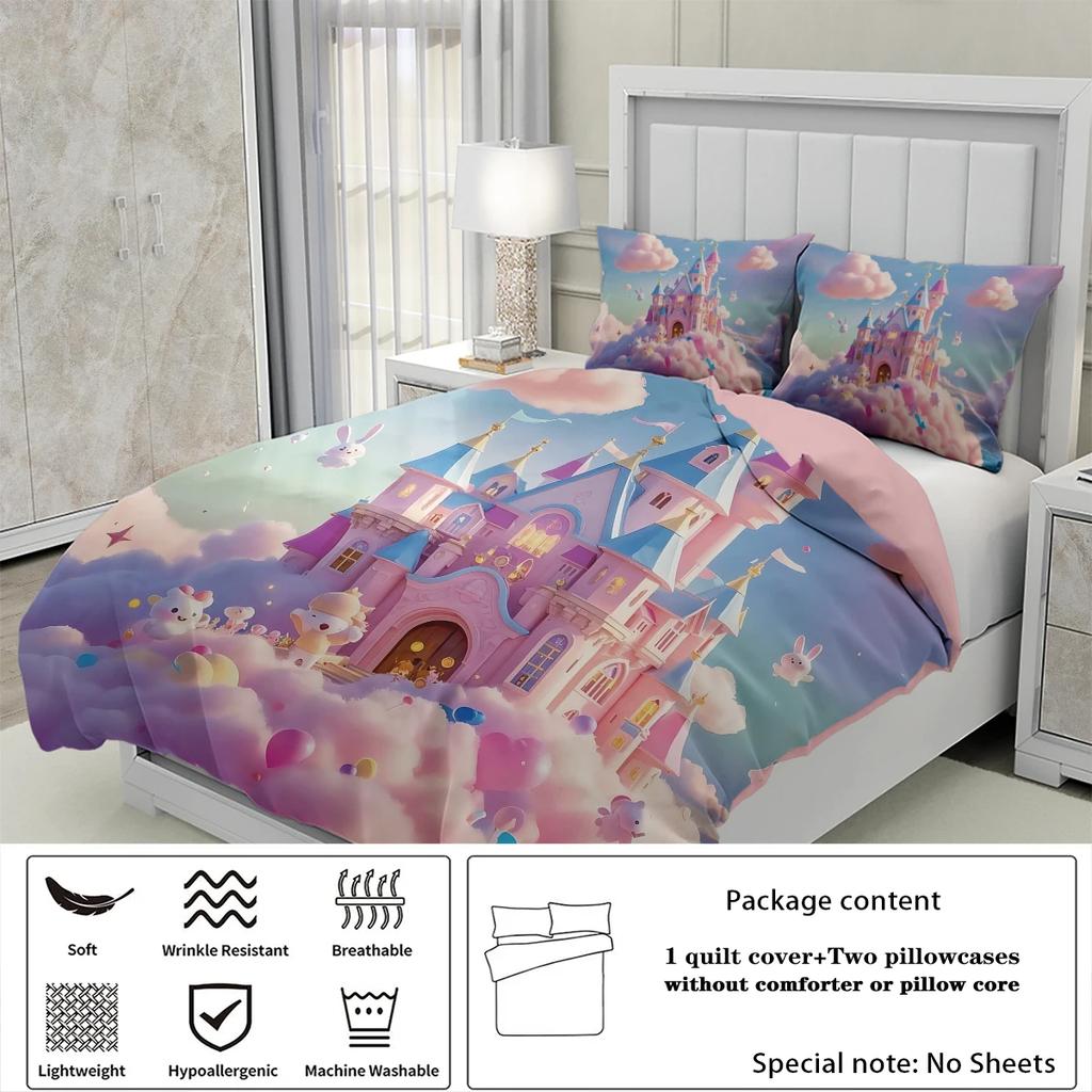 Pink Castle In The Sky Pattern Print Duvet Cover Set Softcomfortable and Breathablefor BedroomHotelBest Gift for Girls
