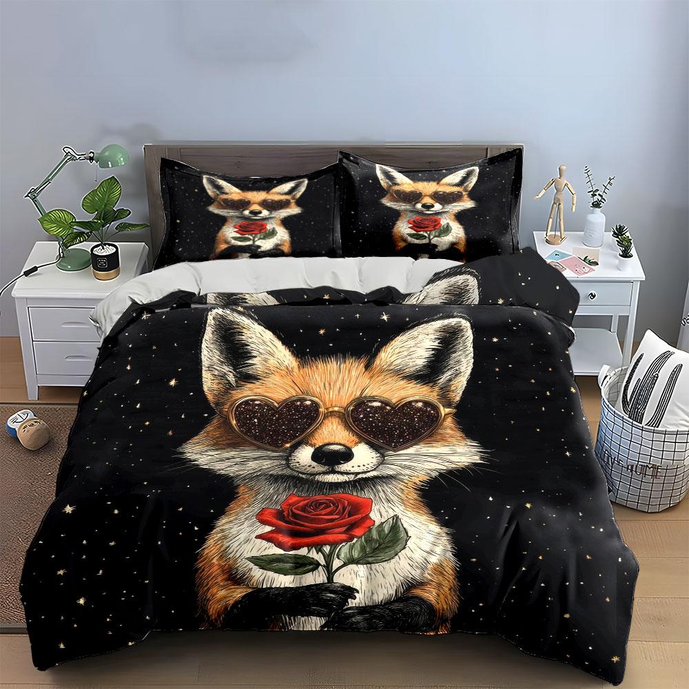 Fox Rose Starry Night Decor Soft Comfortable Duvet Cover Bedding Set Included 1*Duvet Cover & 2*Pillowcases, Gift