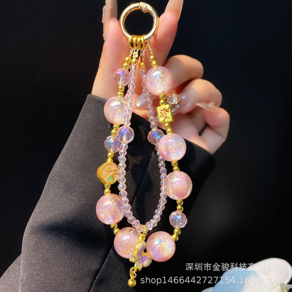 New Chinese Style Phone Chain Exquisite High-end Alloy Hanging Chain Gold Foil Beads Double Chain National Style Crystal Butterfly Pendant Chain