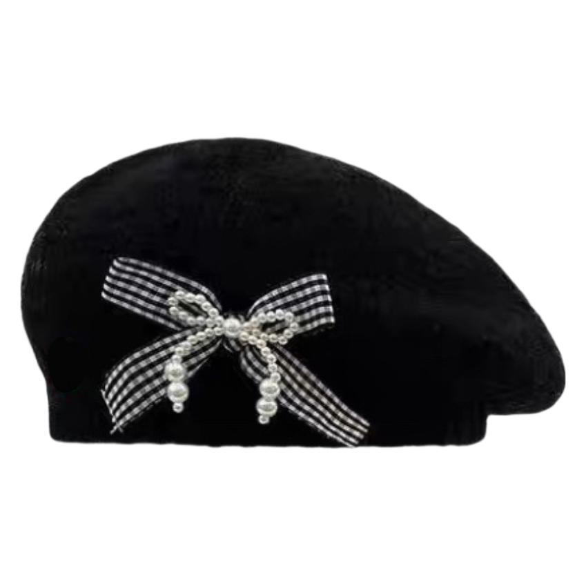 New Sweet Bow Knitted Beret Warm Versatile Big Head Circumference Showing Face Small Painter Hat