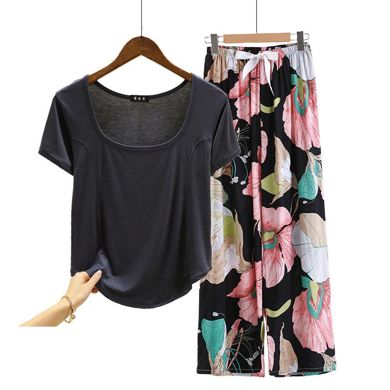 Fashion U Nek Tshirt and Floral Wide leg pants Summer fashion homewear 2pcs suit Loose Casual pajamas set comfort loungewear plus size