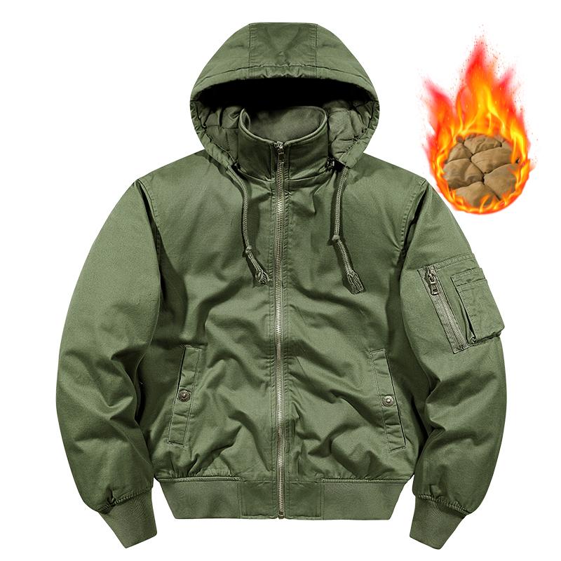 Giacca da lavoro in cotone da uomo per l'inverno, Giacca in cotone retrò multitasche con cappuccio in pile spesso, Giacca casual in puro cotone