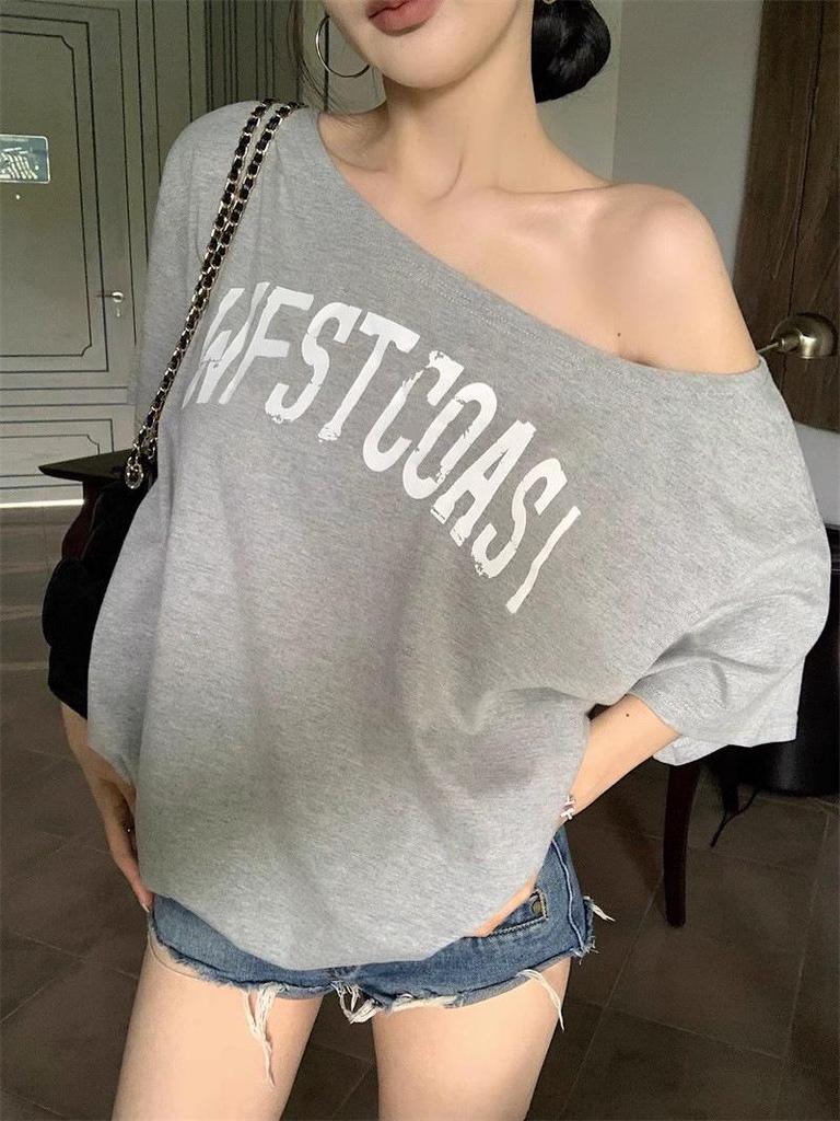 2026 Summer Women's Asymmetrical Letter Print T-Shirt - Short Sleeve, Loose Fit, Versatile Spicy Girl Design