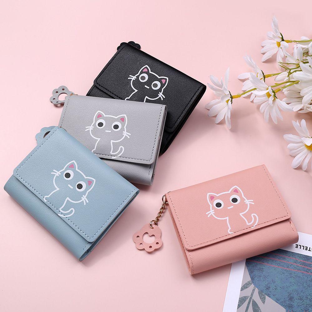 Women'S Wallet Cute Cat Short Wallet Small Genuine Leather Wallet Girls Purse Paper Clip Women'S Female Haop