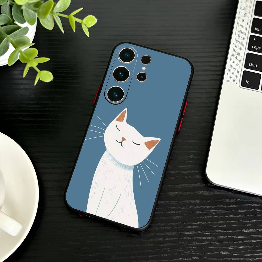 Striped Shirt Coffee Cat Phone Case For Samsung S26,S25,S24,S23,S22,S21,S20,Ultra,Plus,FE Black Soft Cover