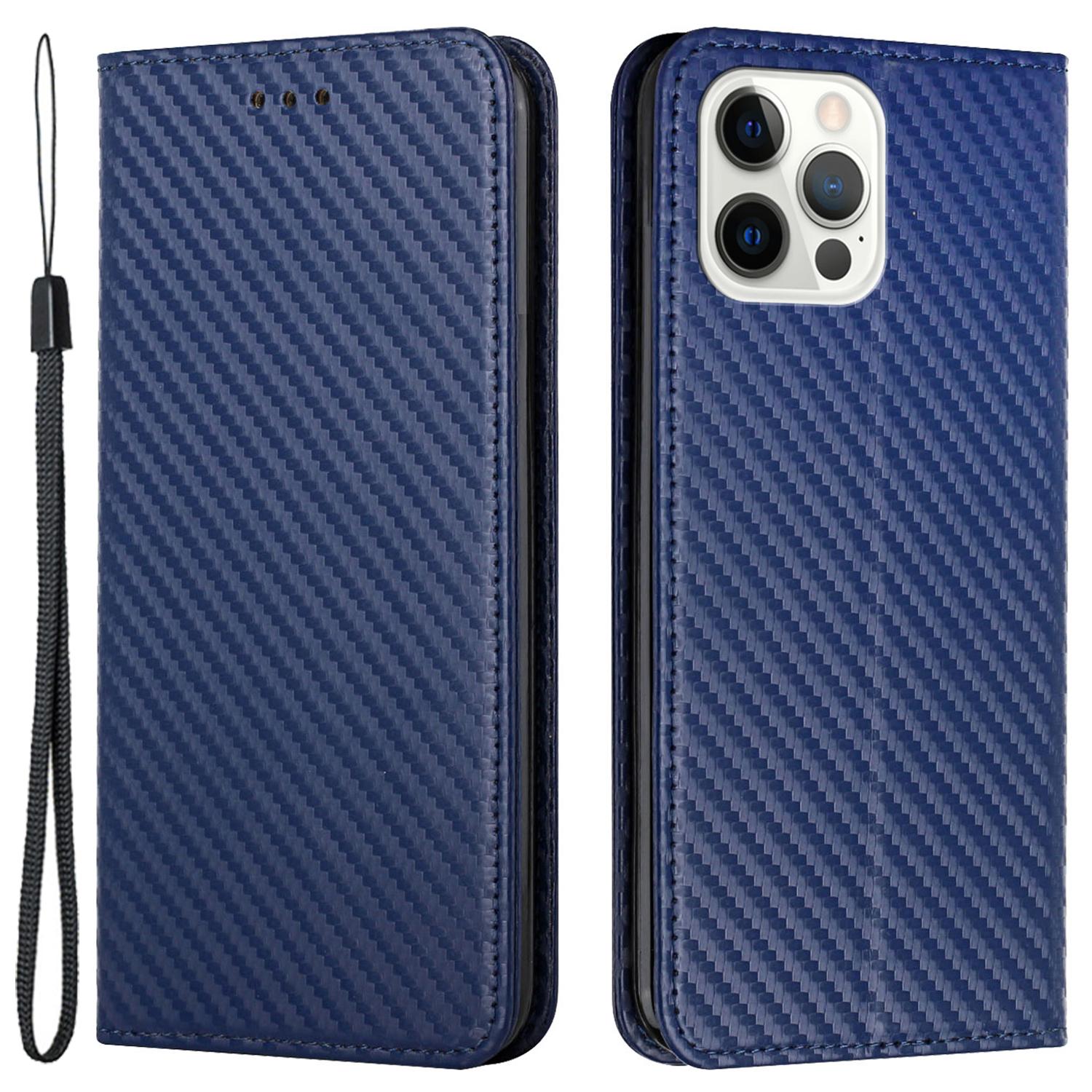

For iPhone 15 Pro Max Carbon Fiber Texture PU Leather+TPU Wallet Case Foldable Stand Phone Cover Blue