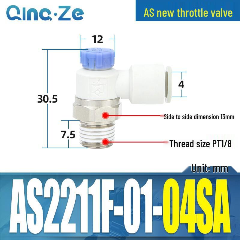 Throttle Speed Control Valve with AS1201F-M5-04A Pneumatic PU Air Hose Connector, Models AS2201F-01-2-06SA/08SA.