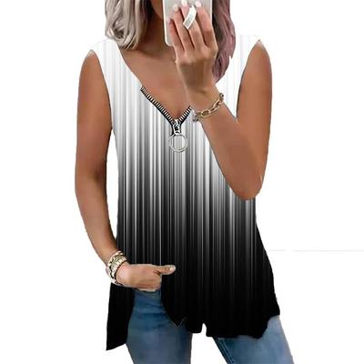 Frauen Top Sommer Neue Mode Blau Vertikale Streifen Gedruckt Casual Plus Größe Ärmellose Zipper V-ausschnitt Top Tank Top