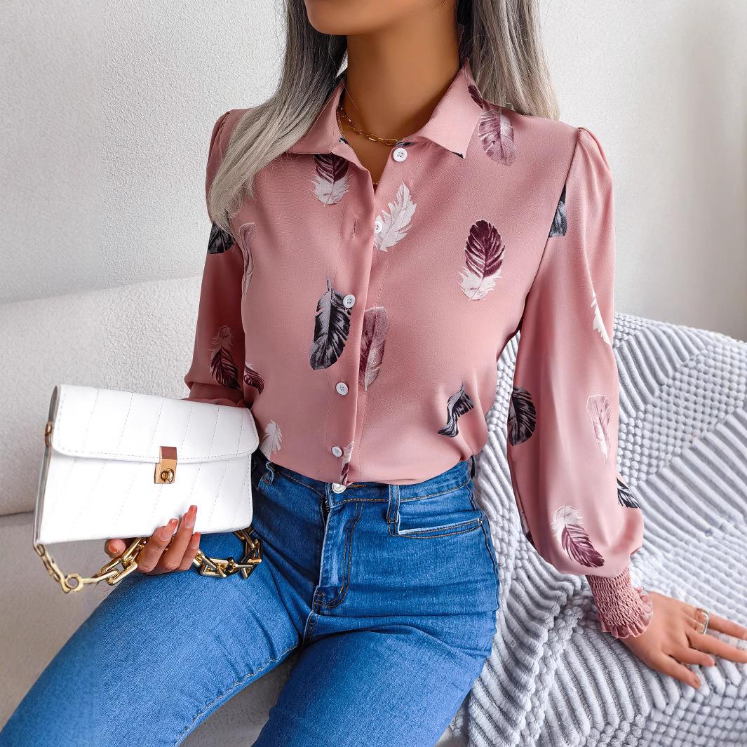 

Женская повседневная рубашка с длинным рукавом и воротником с принтом перьев, белая, розовая, синяя XS розовый