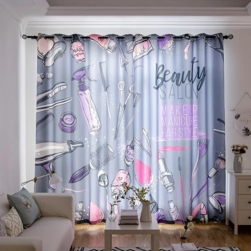 3D 2pcs Curtains For Beauty Salons Simple Red Lips Makeup Brush Grommet Top Fabric Curtains Decor For Living Room Office Home D