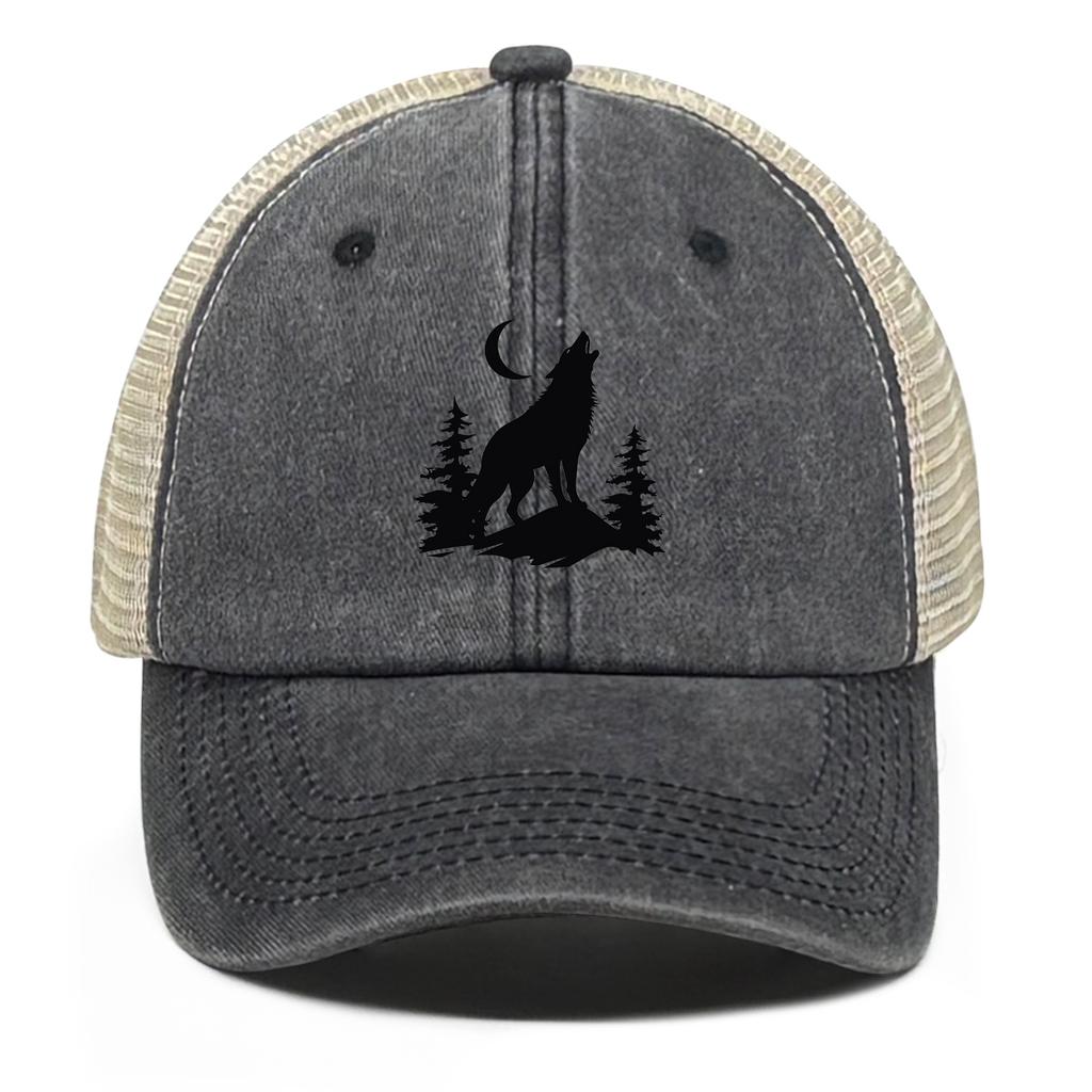 Howling Wolf Snapback Mesh Cap Forest Wolf Trucker Cap Solid Color Non-Stretch Fabric Adjustable Baseball Hat For Women & Men
