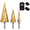 Step Drill, Helix, Hexagonal Axis Drill, Set of 3, Titanium , Spiral HSS Steel,
