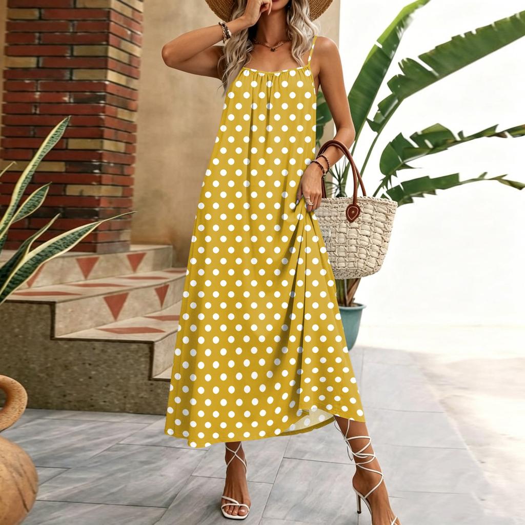 Damen ärmelloses Polka-Dot Maxikleid Sommer lässig langes Kleid mit verstellbaren Spaghettiträgern Leichtes Strandkleid für den Urlaub