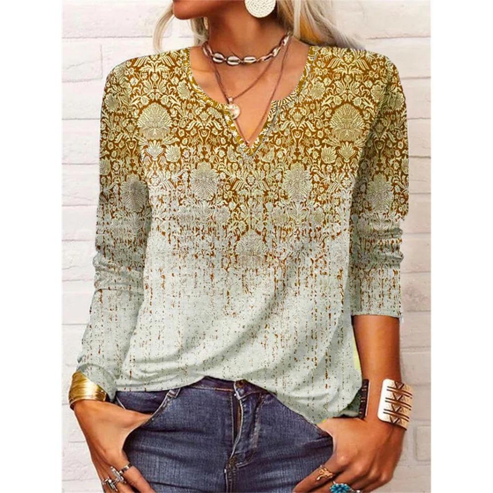 GMXIA Autumn Loose Long Sleeve Flower Bold V-neck T-shirt Base for Women
