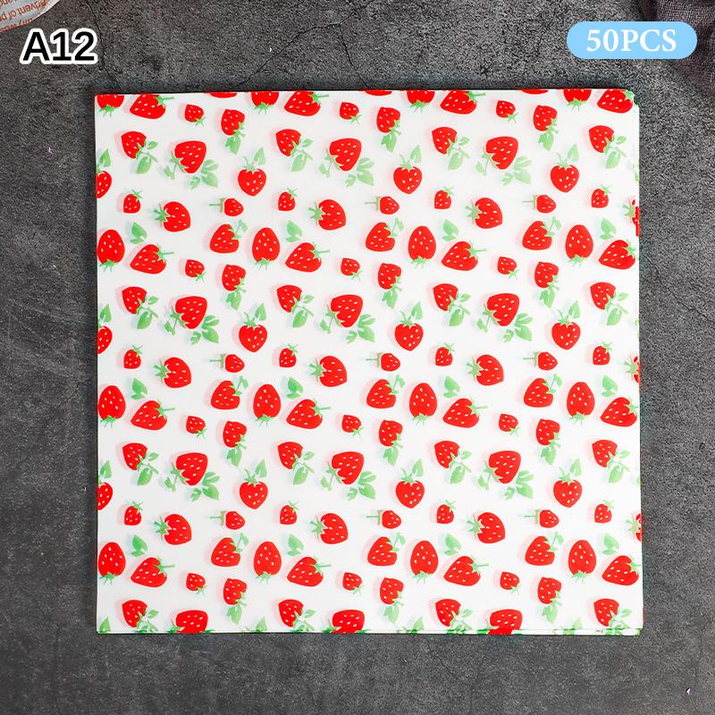 50Pcs Food Grade Baking Wax Paper Strawberry & Floral Patterned Paper Squares Non-Stick Cake Burger Chips Wrapping Papers