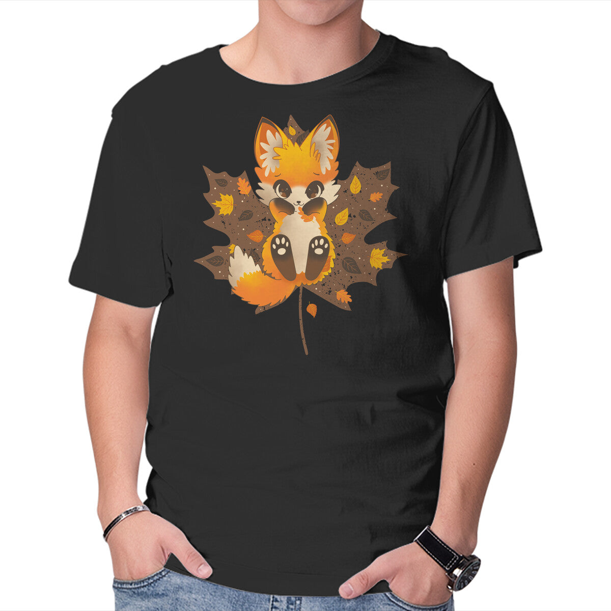 Unisex Crew Neck T-Shirt Autumn Kitsune Graphic Short Sleeve Casual Tee XS