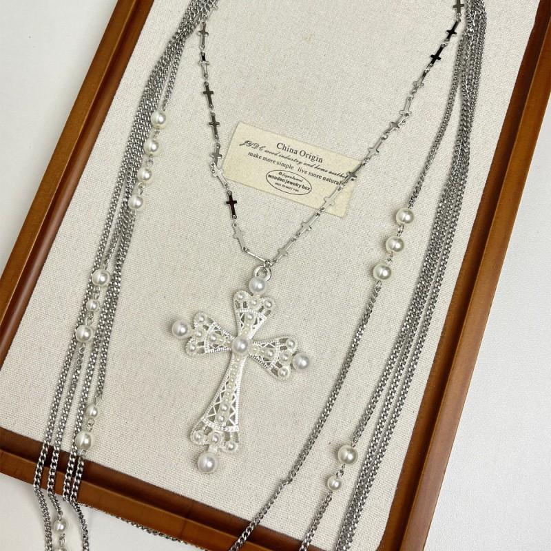 Y2K Punk Layered Cross Necklace Set Women Alloy Tone Chunky Gothic Choker Chain Jewelry