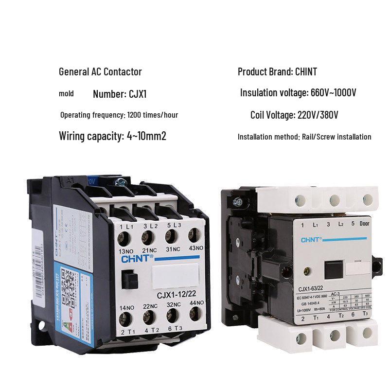 Chint CJX1 Series AC Contactor: 9/22, 12/22, 16/22, 32/22, 45, 63-7, available in 220V, 380V.