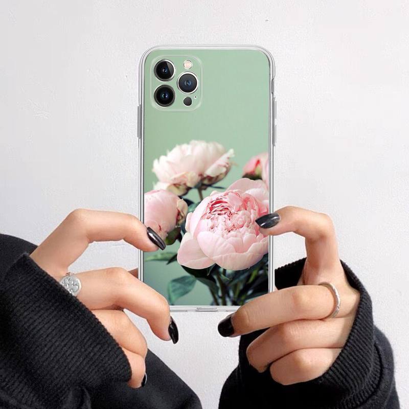 Elegant Pink Purple Peony Flower On the Vase Phone Case For iPhone 14 13 12 11 XS X XR SE 2020 6 7 8 Plus Mini Transparent Shell