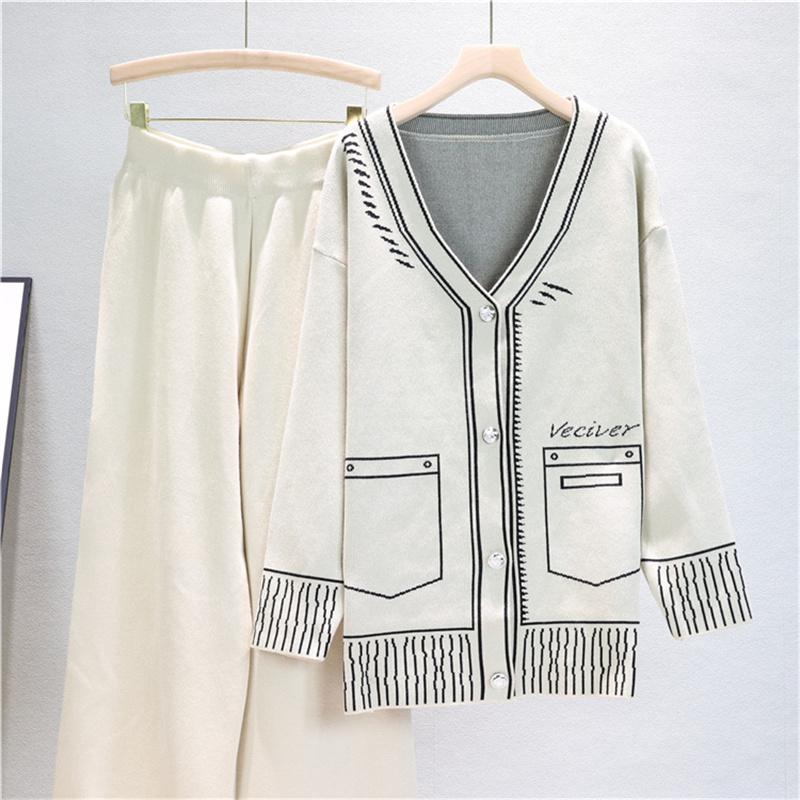 Women's Autumn And Winter Fashion Suit Loose Mid Length Knitted Top Wide Leg Pants Two Piece Set