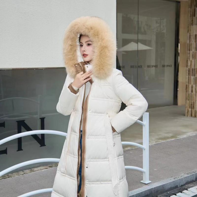 Womens Long Down Coat Over Knee Slim Fit Hooded With Real Fox Fur Collar Thick Warm White Duck
