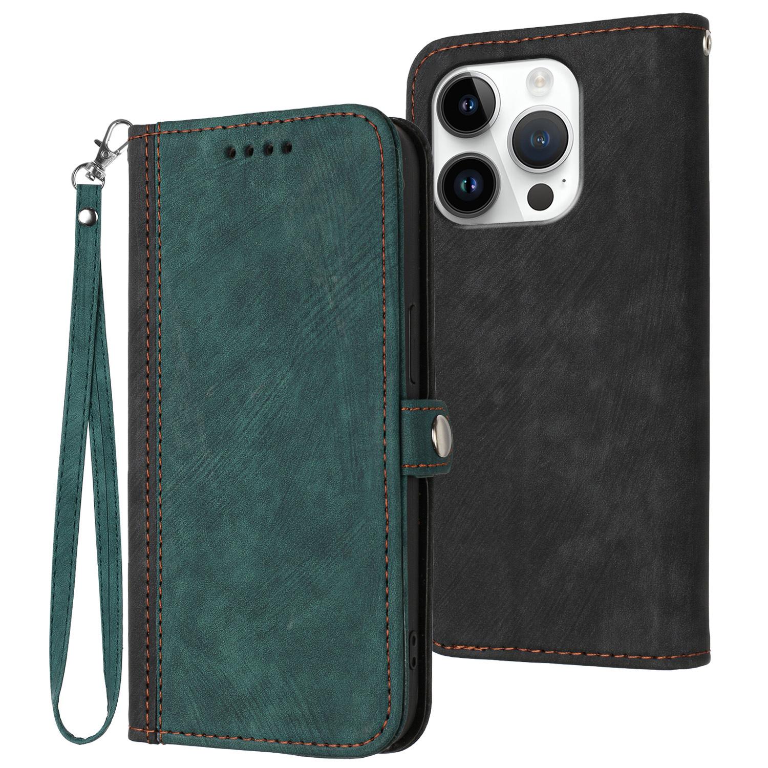 

YX0020 For iPhone 16 Pro Case Wallet Stand Skin Touch Leather Phone Cover Blackish Green