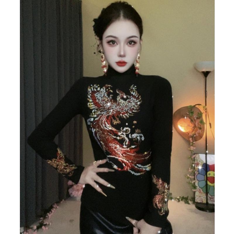 

De Rong Women s Half-High Neck Long Sleeve T-shirt with Hot Drill Design - Autumn/Winter Base Layer Top L