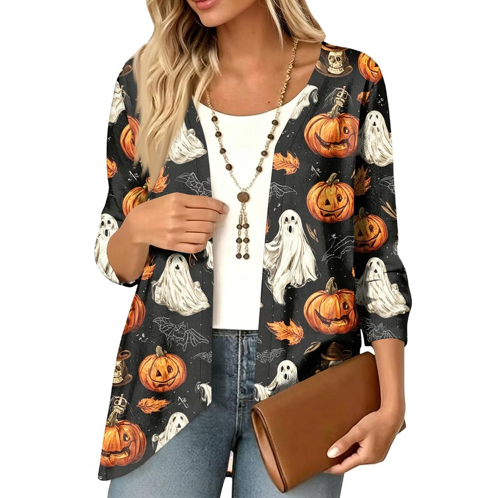 Women's Lightweight Cardigan with Halloween Print , Three-Quarter Sleeve , Relaxed Fit for Casual Halloween Outfits