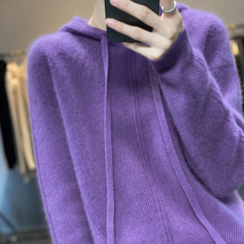 Women's Wool Hooded Sweatshirt: 2025 Autumn/Winter Loose Knit Cardigan Pullover.