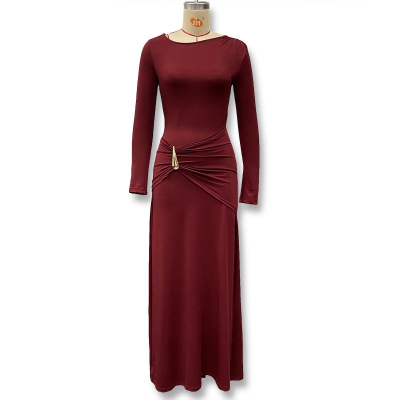 2025 Wine Red Slim Fit Knitted Long Dress with Metal Accents