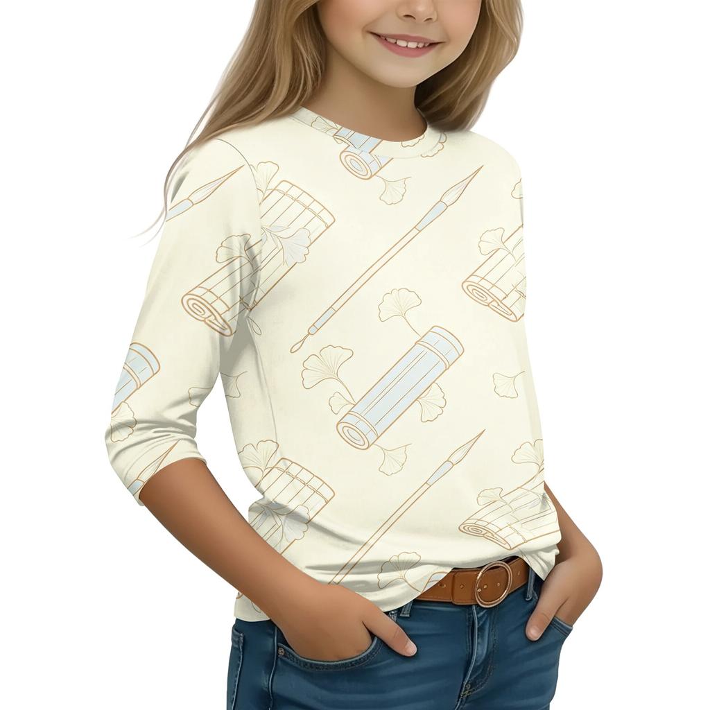 Children's Casual Printed 3/4 Sleeve Round Neck T-Shirt for Back to School Everyday Wear
