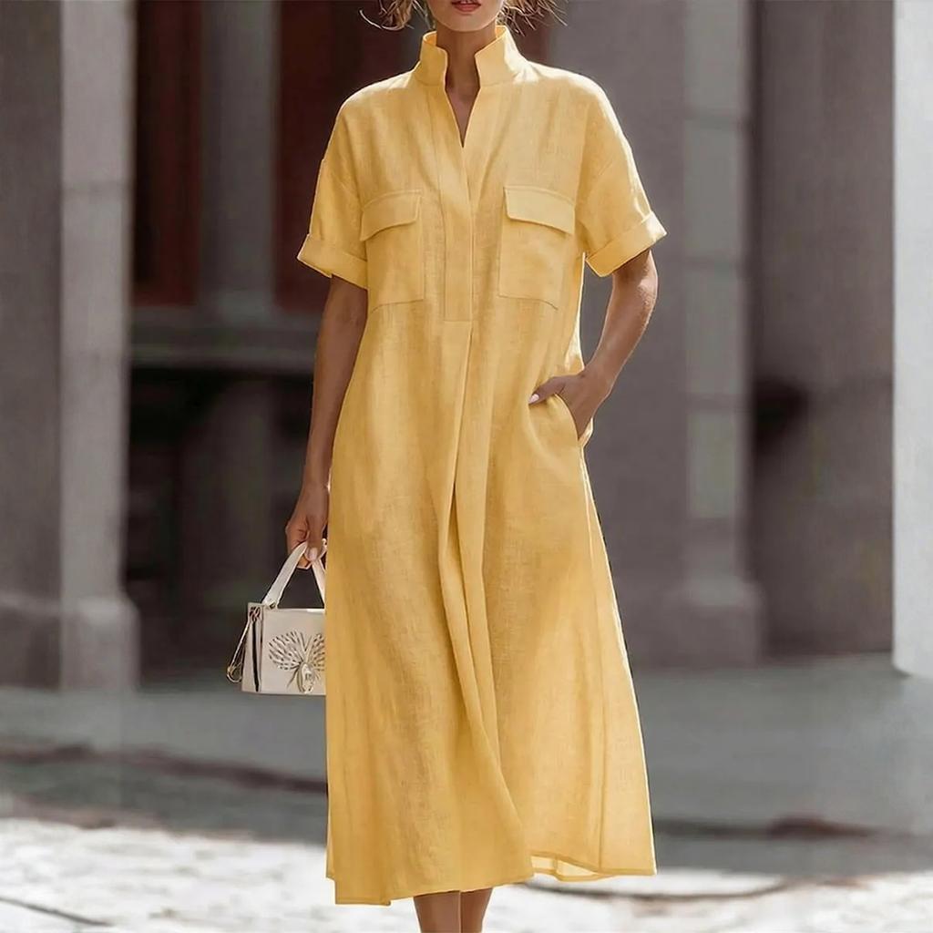 Women's Casual Short-Sleeved Multi-Colored Pocket Loose Casual Dress