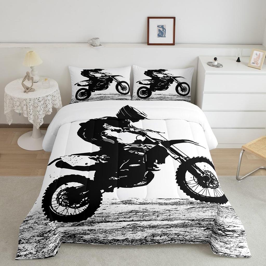 Erosebridal Teens Dirt Bike Comforter Set Twin Size, Motocross Rider Down Comforter for Kids Boys Adult Men, Motorbike Extreme Sport Bedding