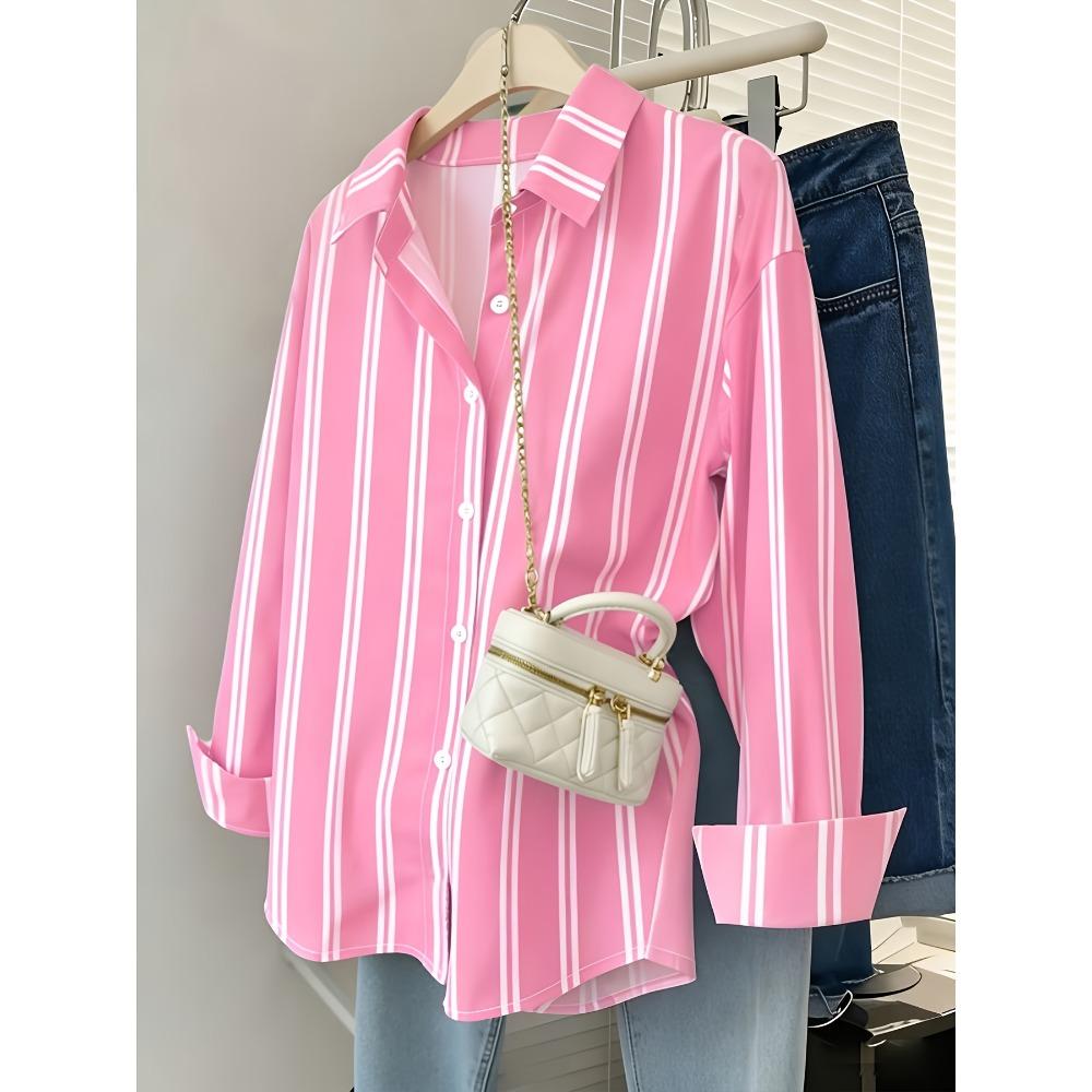 New Women's Long Sleeve Button Pink Striped Casual Shirt Vertical Striped Shirt Women's Loose and Skinny Long Sleeve Shirt