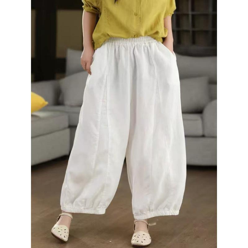Women's Elastic Waist Wide Leg Cropped Pants Loose Fit Casual Linen Style Trousers